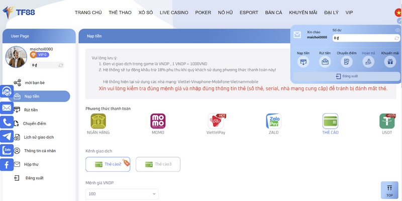 Hướng dẫn nạp tiền tại TF88 bằng thẻ cào điện thoại