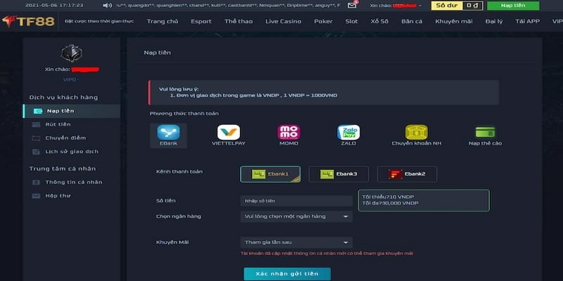 TF88 nạp tiền siêu nhanh chóng với nhiều phương thức
